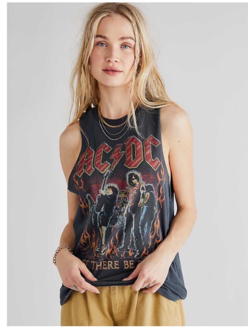 Daydreamer AC/DC Black Tank Top with Red and Yellow Flame Graphic